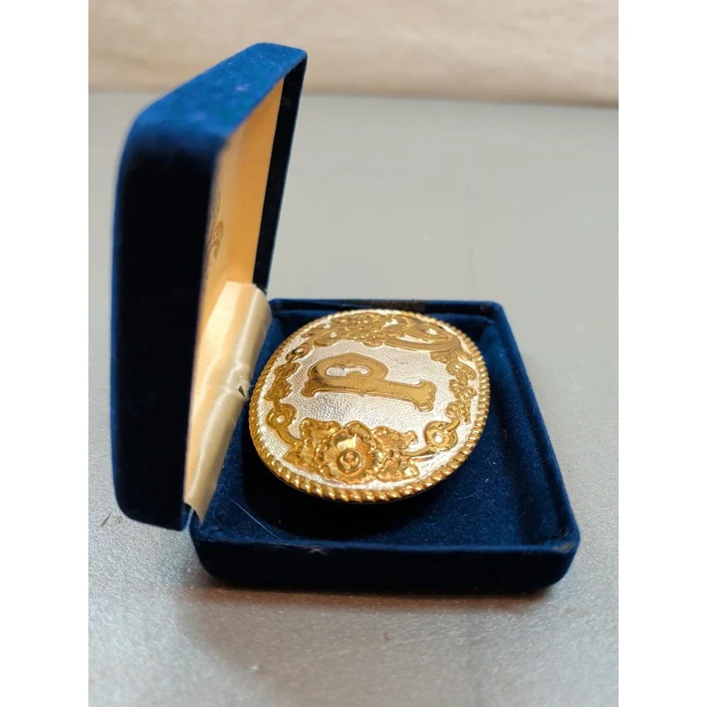 Vintage Crumrine Gold Tone Belt Buckle Initial P Floral Western Award Design Box